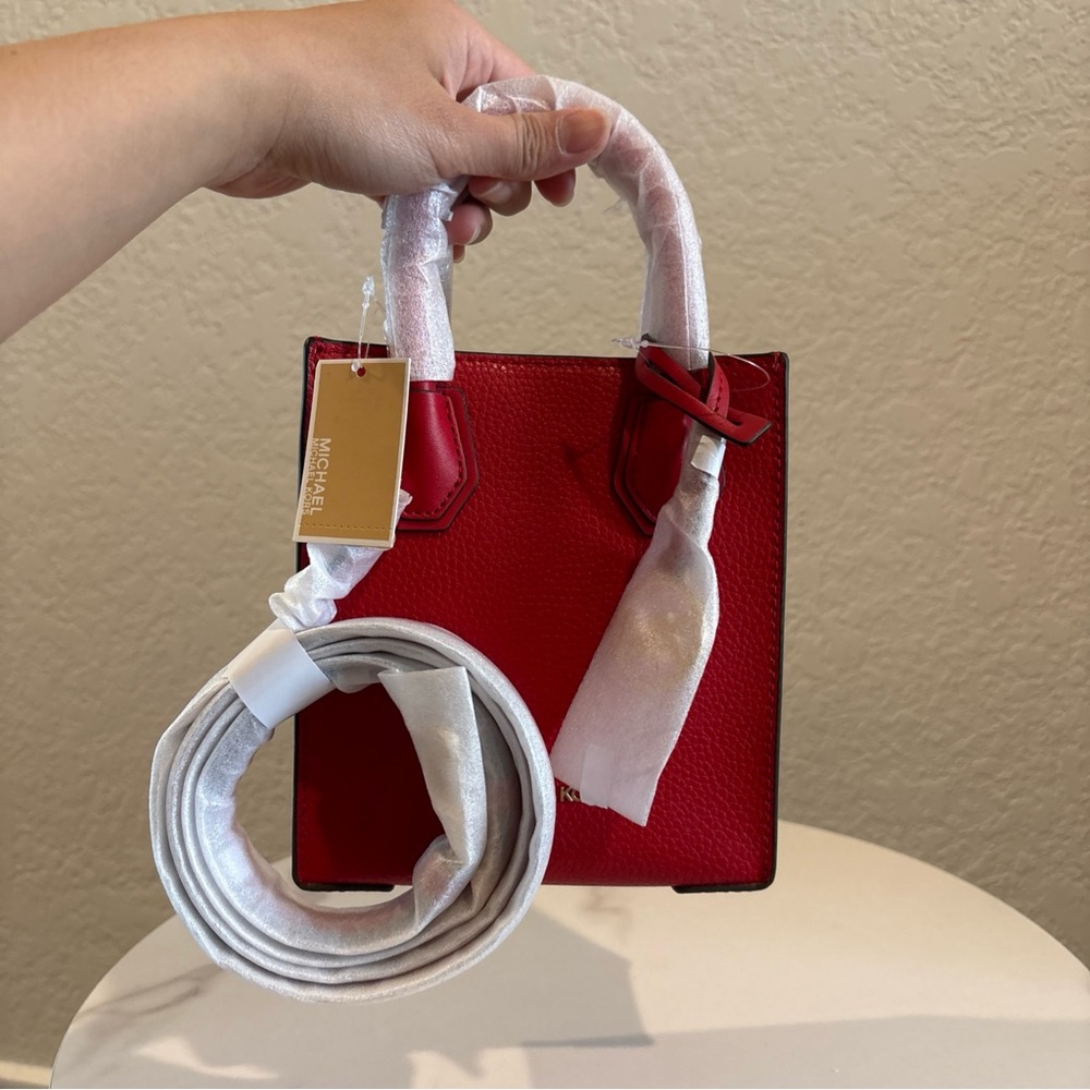 NWT Michael Kors Bright Red Leather Shopper Crossbody Bag - Picture 7 of 9